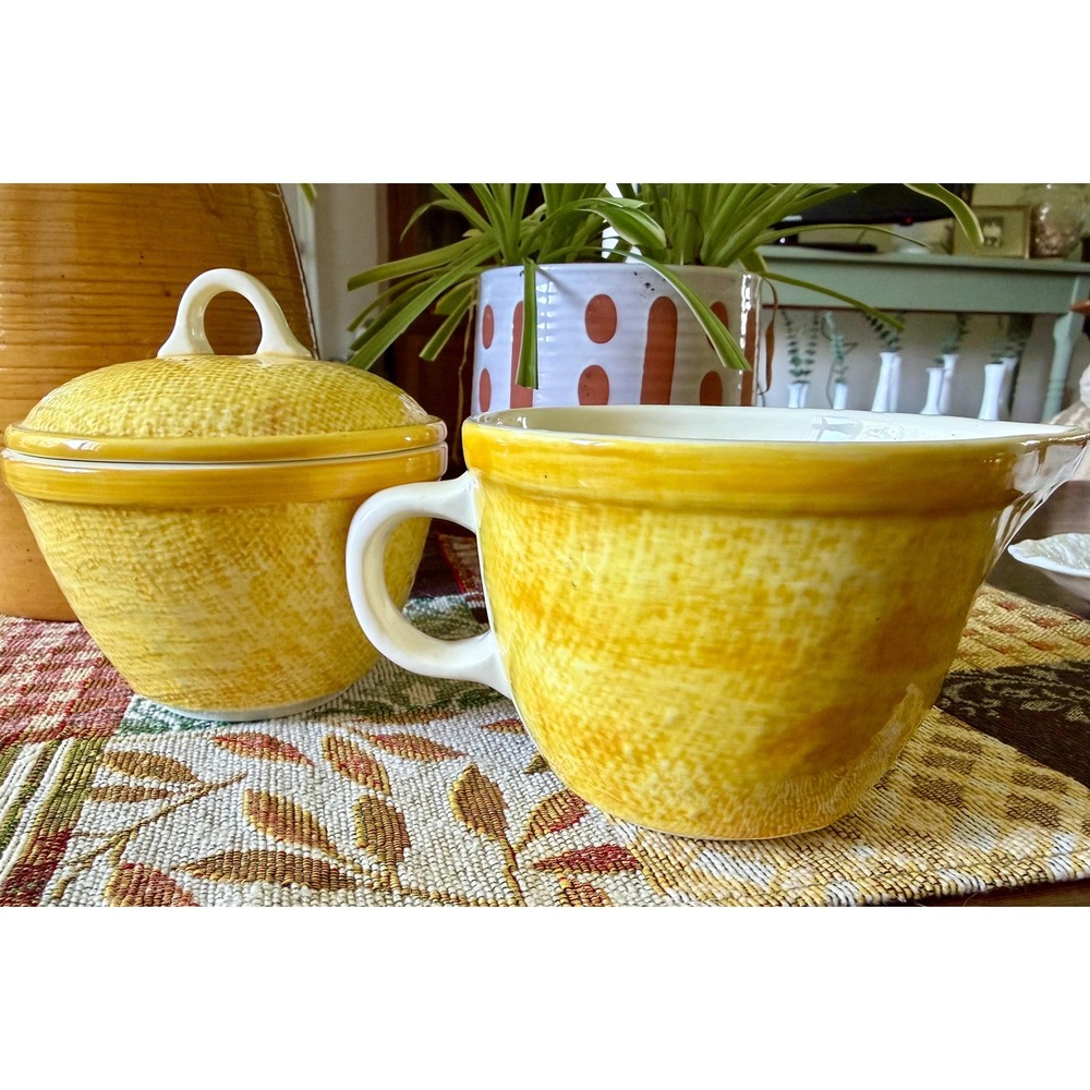Stangl Pottery Yellow Sugar Bowl Creamer Set, Hand Painted Mid-Century Modern